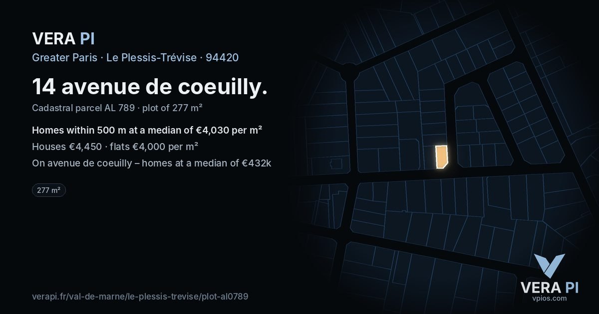 14 avenue de coeuilly, Le Plessis-Trévise at night – the plot lit, the parcels around coloured by the prices near them