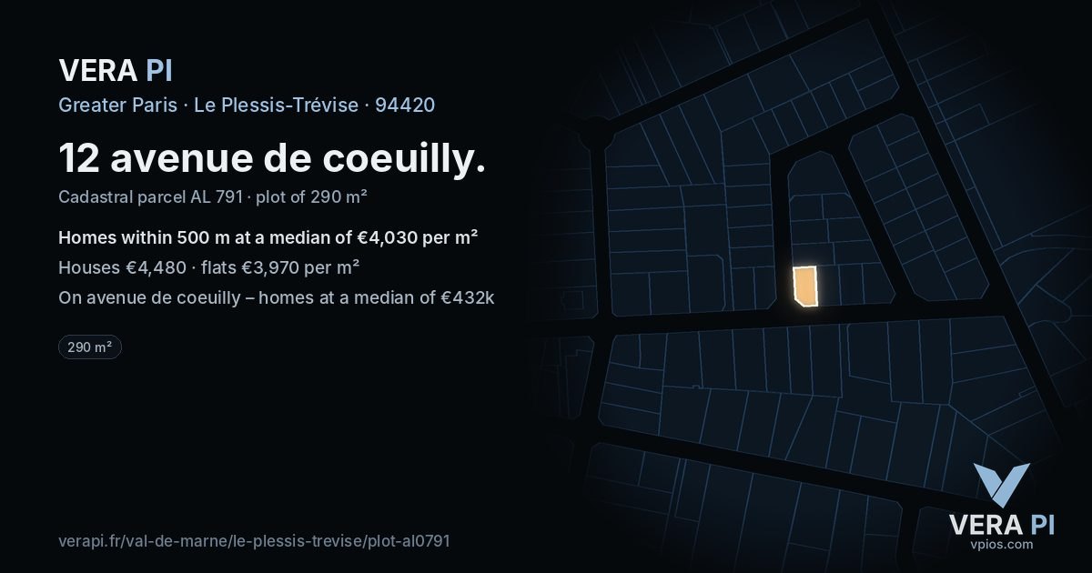 12 avenue de coeuilly, Le Plessis-Trévise at night – the plot lit, the parcels around coloured by the prices near them