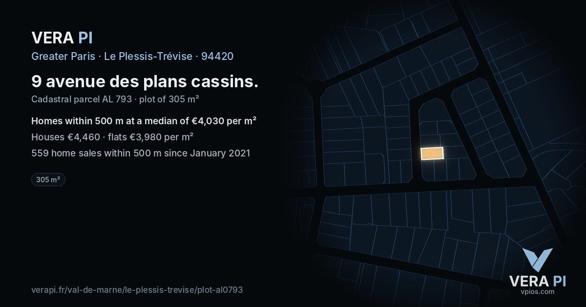 9 avenue des plans cassins, Le Plessis-Trévise at night – the plot lit, the parcels around coloured by the prices near them