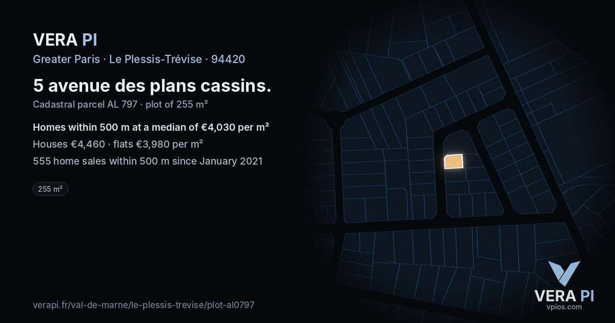 5 avenue des plans cassins, Le Plessis-Trévise at night – the plot lit, the parcels around coloured by the prices near them