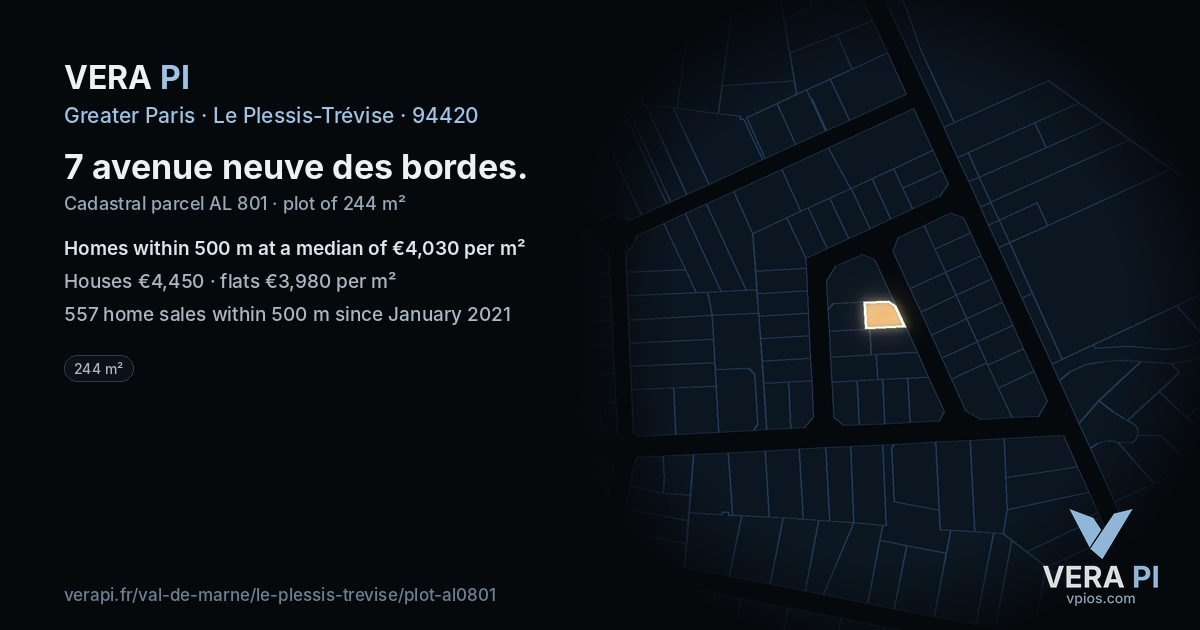 7 avenue neuve des bordes, Le Plessis-Trévise at night – the plot lit, the parcels around coloured by the prices near them