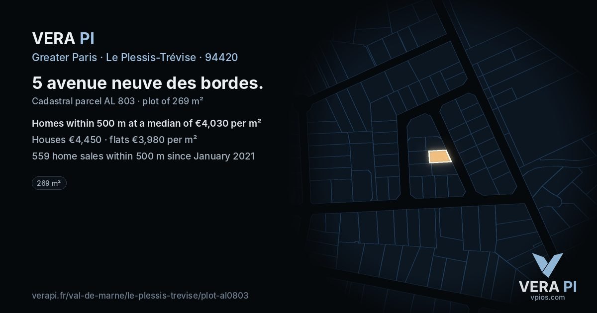 5 avenue neuve des bordes, Le Plessis-Trévise at night – the plot lit, the parcels around coloured by the prices near them