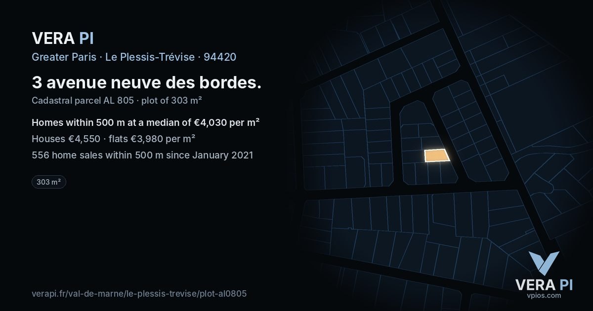 3 avenue neuve des bordes, Le Plessis-Trévise at night – the plot lit, the parcels around coloured by the prices near them