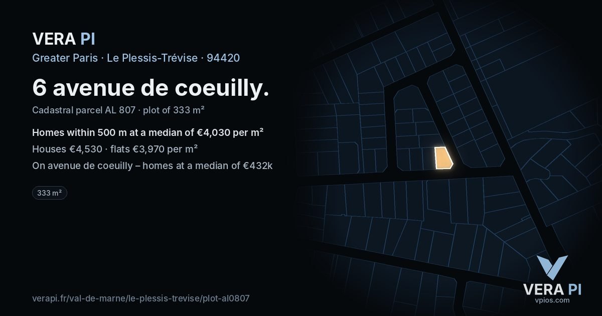 6 avenue de coeuilly, Le Plessis-Trévise at night – the plot lit, the parcels around coloured by the prices near them