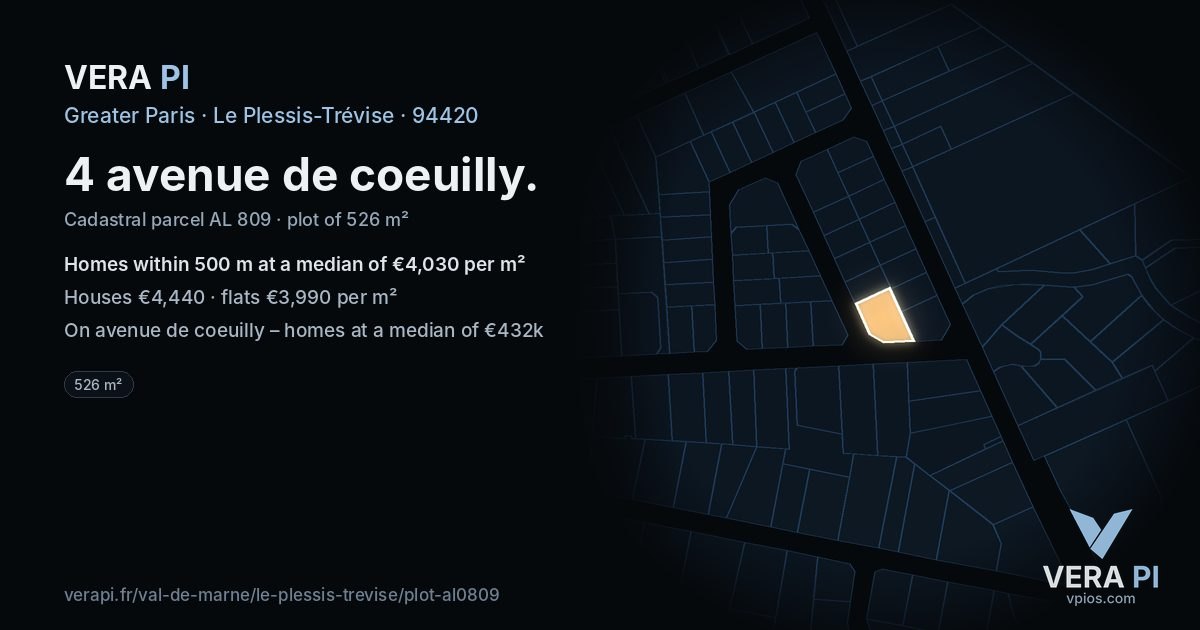 4 avenue de coeuilly, Le Plessis-Trévise at night – the plot lit, the parcels around coloured by the prices near them