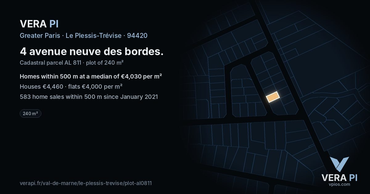 4 avenue neuve des bordes, Le Plessis-Trévise at night – the plot lit, the parcels around coloured by the prices near them