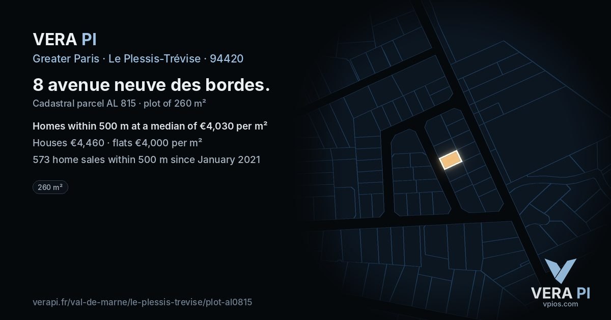 8 avenue neuve des bordes, Le Plessis-Trévise at night – the plot lit, the parcels around coloured by the prices near them