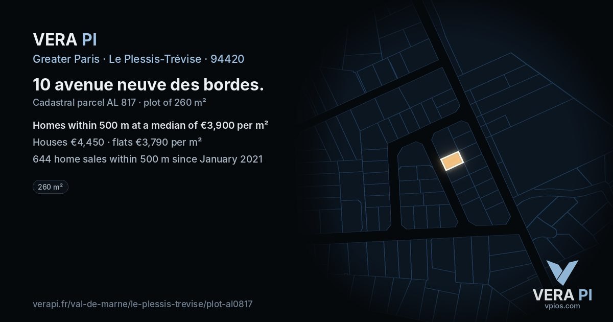 10 avenue neuve des bordes, Le Plessis-Trévise at night – the plot lit, the parcels around coloured by the prices near them