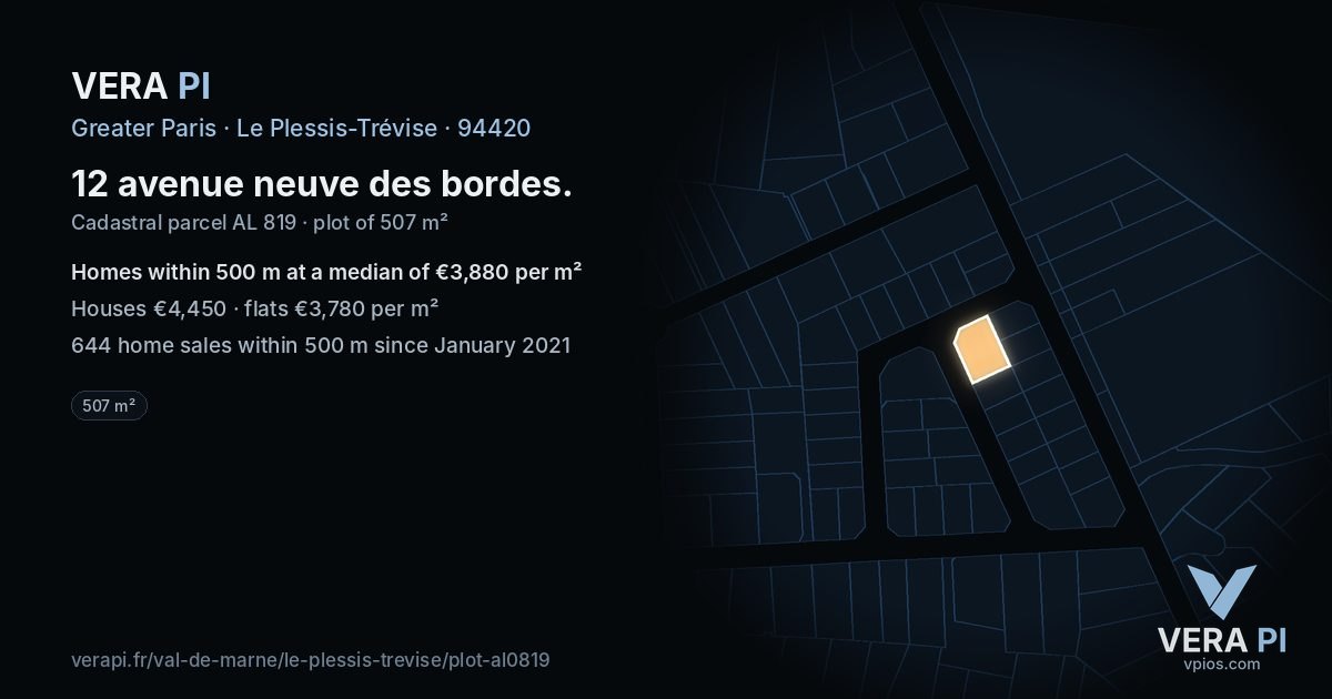 12 avenue neuve des bordes, Le Plessis-Trévise at night – the plot lit, the parcels around coloured by the prices near them