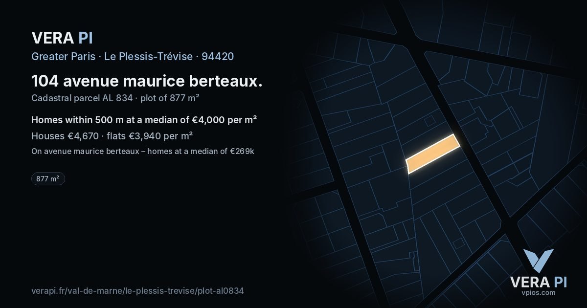104 avenue maurice berteaux, Le Plessis-Trévise at night – the plot lit, the parcels around coloured by the prices near them