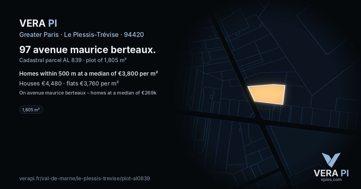 97 avenue maurice berteaux, Le Plessis-Trévise at night – the plot lit, the parcels around coloured by the prices near them