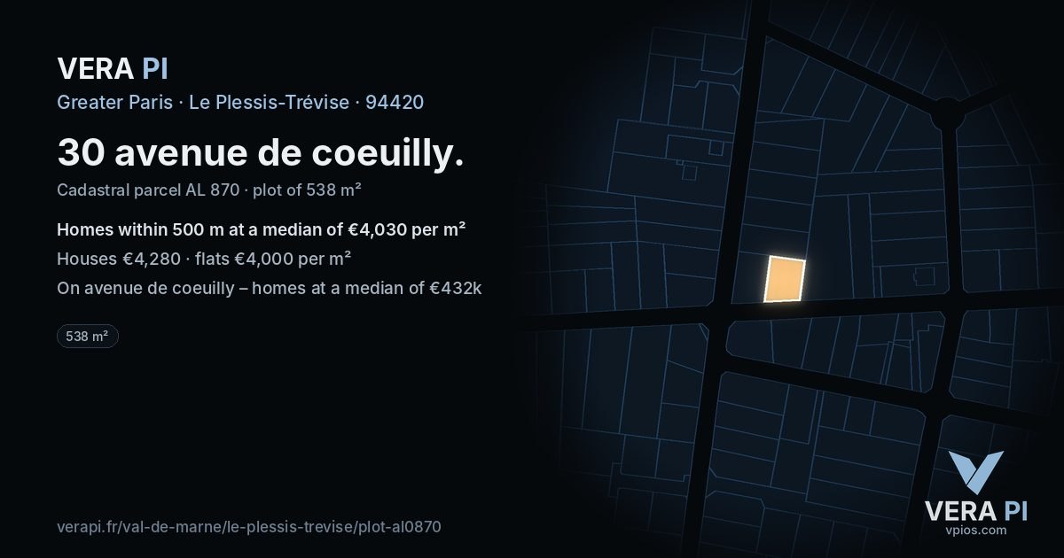 30 avenue de coeuilly, Le Plessis-Trévise at night – the plot lit, the parcels around coloured by the prices near them