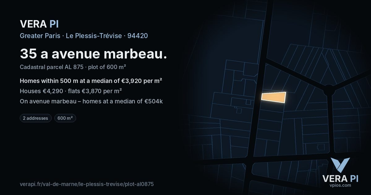 35 a avenue marbeau, Le Plessis-Trévise at night – the plot lit, the parcels around coloured by the prices near them