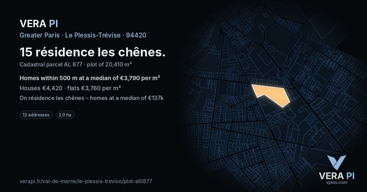 15 résidence les chênes, Le Plessis-Trévise at night – the plot lit, the parcels around coloured by the prices near them