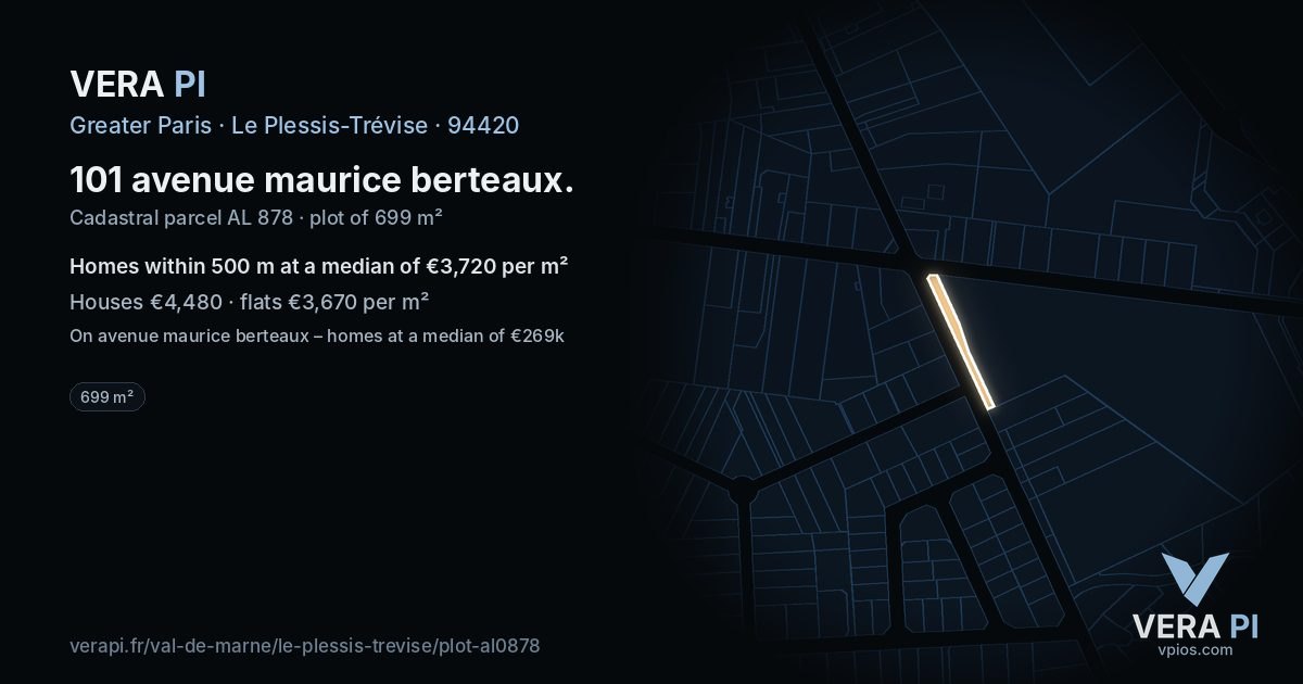 101 avenue maurice berteaux, Le Plessis-Trévise at night – the plot lit, the parcels around coloured by the prices near them