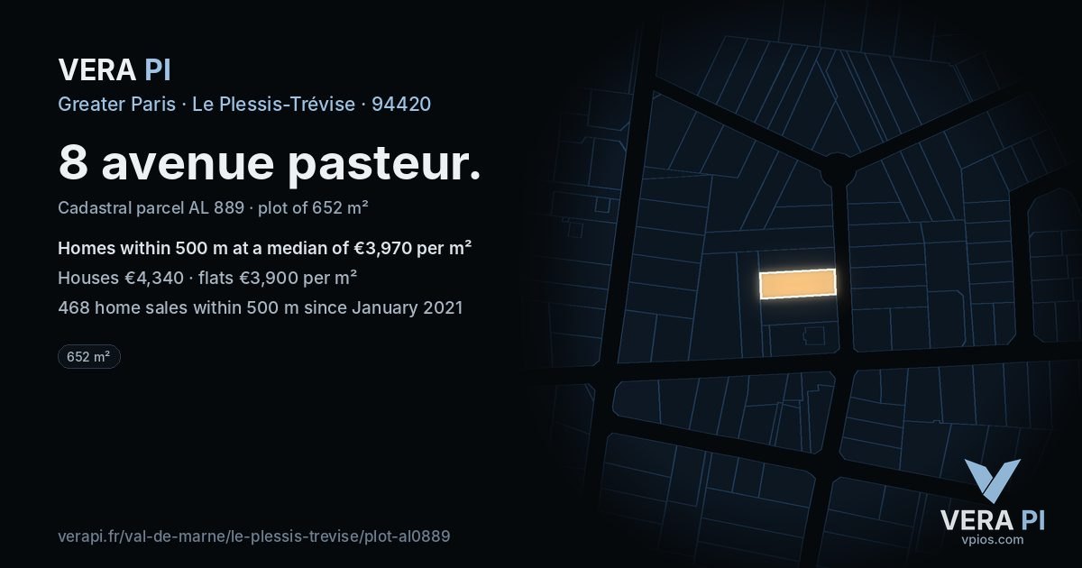 8 avenue pasteur, Le Plessis-Trévise at night – the plot lit, the parcels around coloured by the prices near them