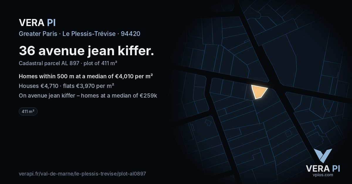 36 avenue jean kiffer, Le Plessis-Trévise at night – the plot lit, the parcels around coloured by the prices near them