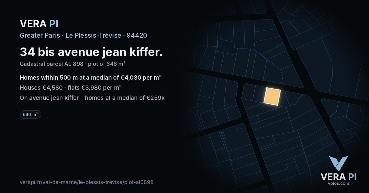 34 bis avenue jean kiffer, Le Plessis-Trévise at night – the plot lit, the parcels around coloured by the prices near them