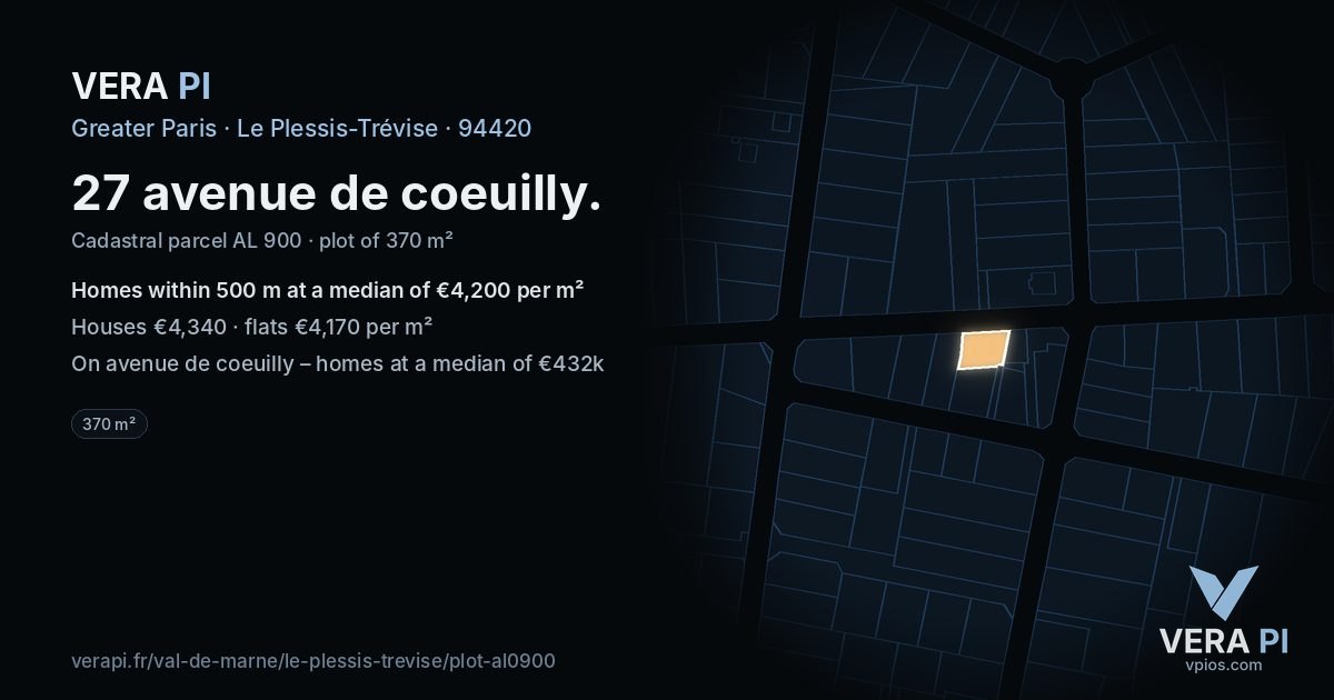 27 avenue de coeuilly, Le Plessis-Trévise at night – the plot lit, the parcels around coloured by the prices near them