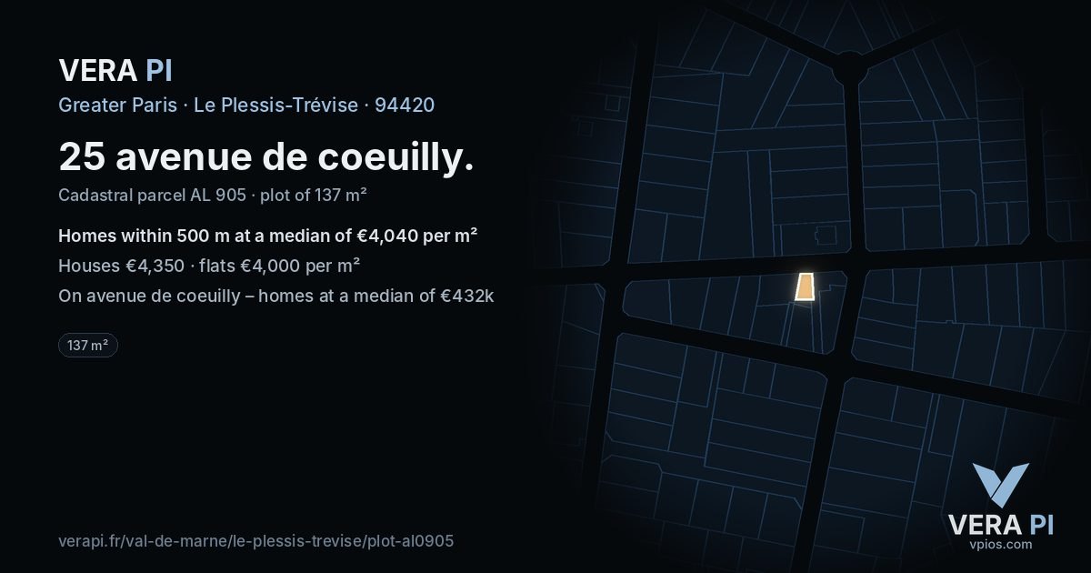 25 avenue de coeuilly, Le Plessis-Trévise at night – the plot lit, the parcels around coloured by the prices near them