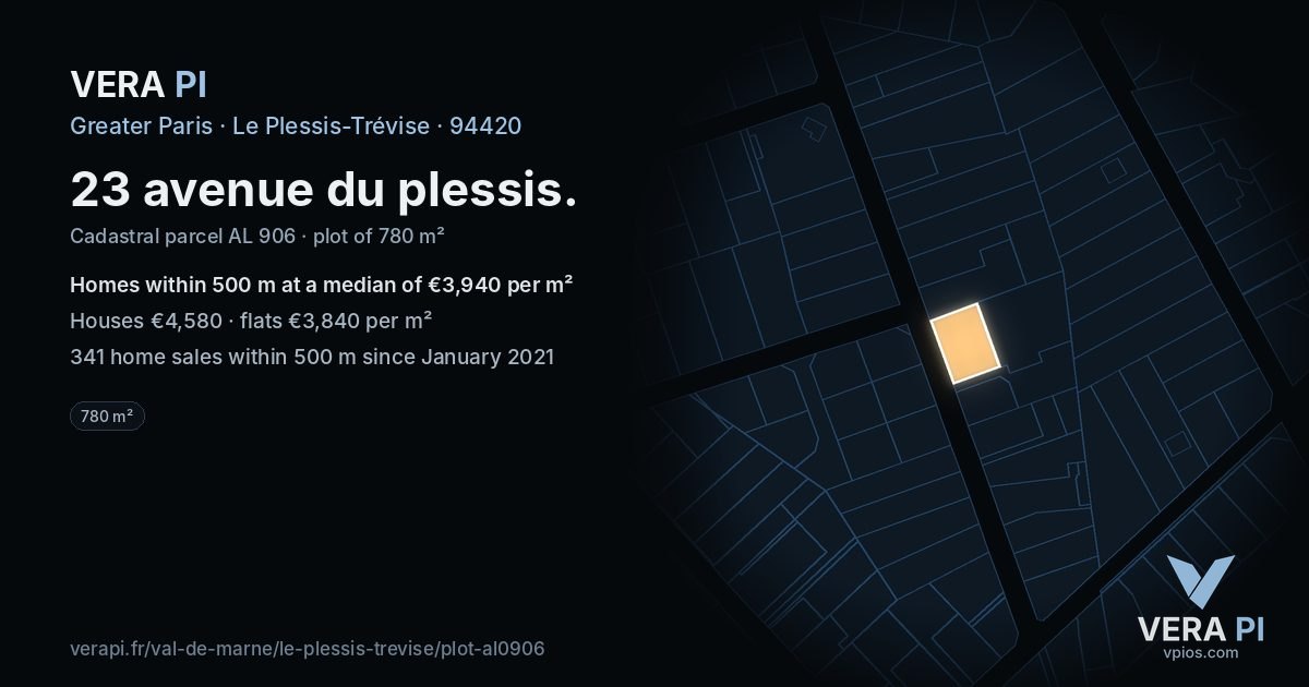 23 avenue du plessis, Le Plessis-Trévise at night – the plot lit, the parcels around coloured by the prices near them
