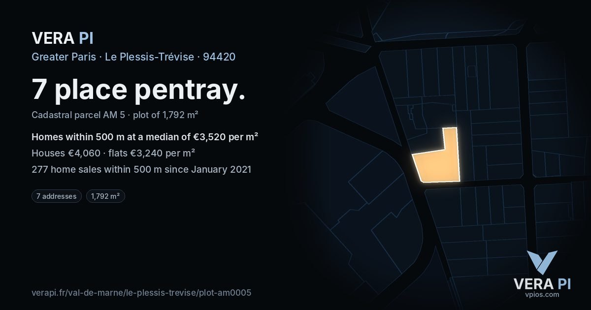 7 place pentray, Le Plessis-Trévise at night – the plot lit, the parcels around coloured by the prices near them