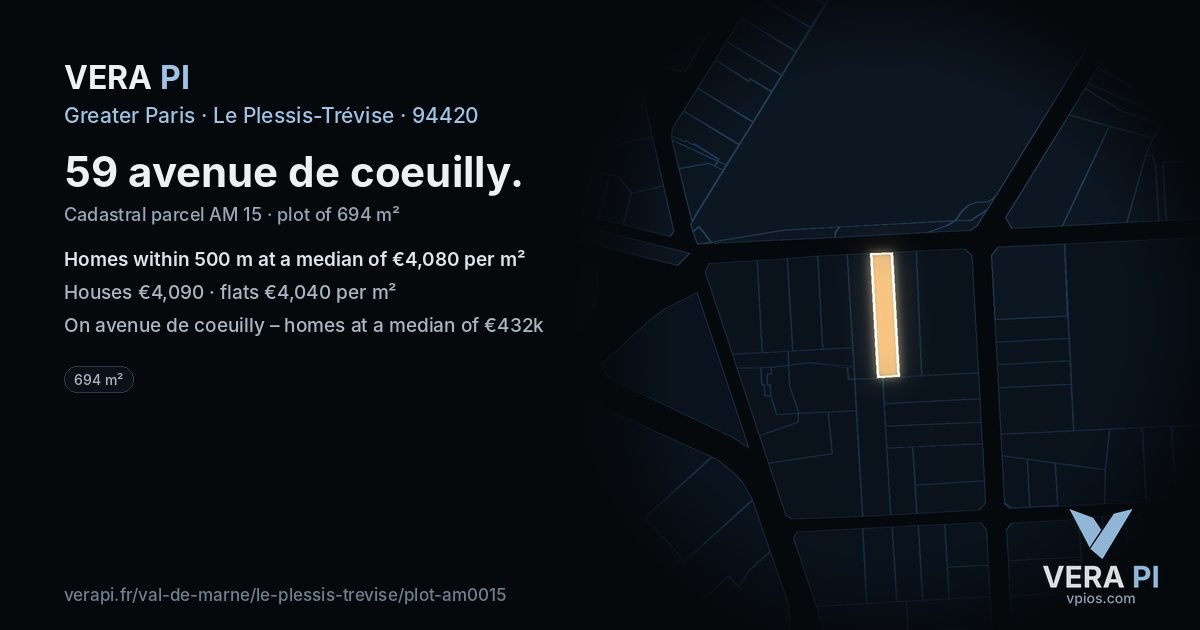 59 avenue de coeuilly, Le Plessis-Trévise at night – the plot lit, the parcels around coloured by the prices near them