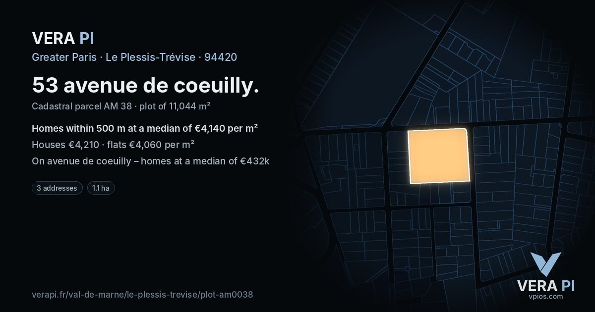 53 avenue de coeuilly, Le Plessis-Trévise at night – the plot lit, the parcels around coloured by the prices near them