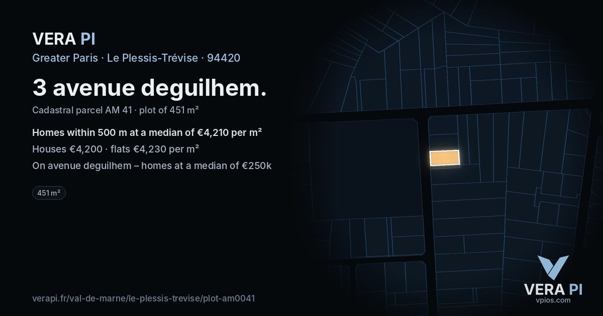 3 avenue deguilhem, Le Plessis-Trévise at night – the plot lit, the parcels around coloured by the prices near them