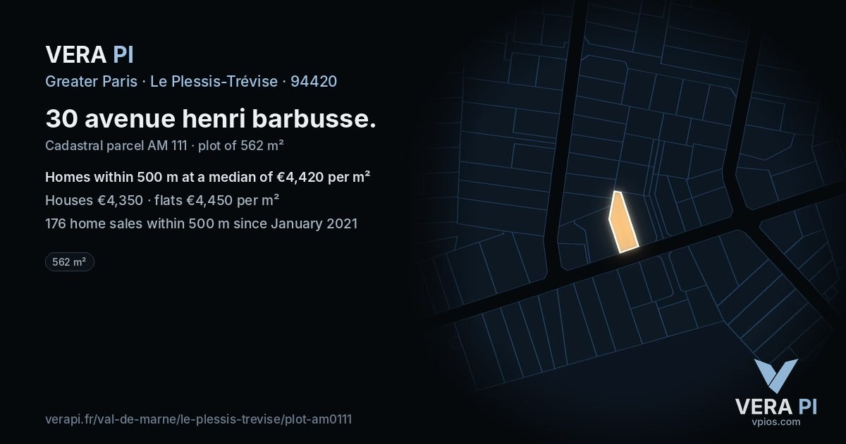 30 avenue henri barbusse, Le Plessis-Trévise at night – the plot lit, the parcels around coloured by the prices near them