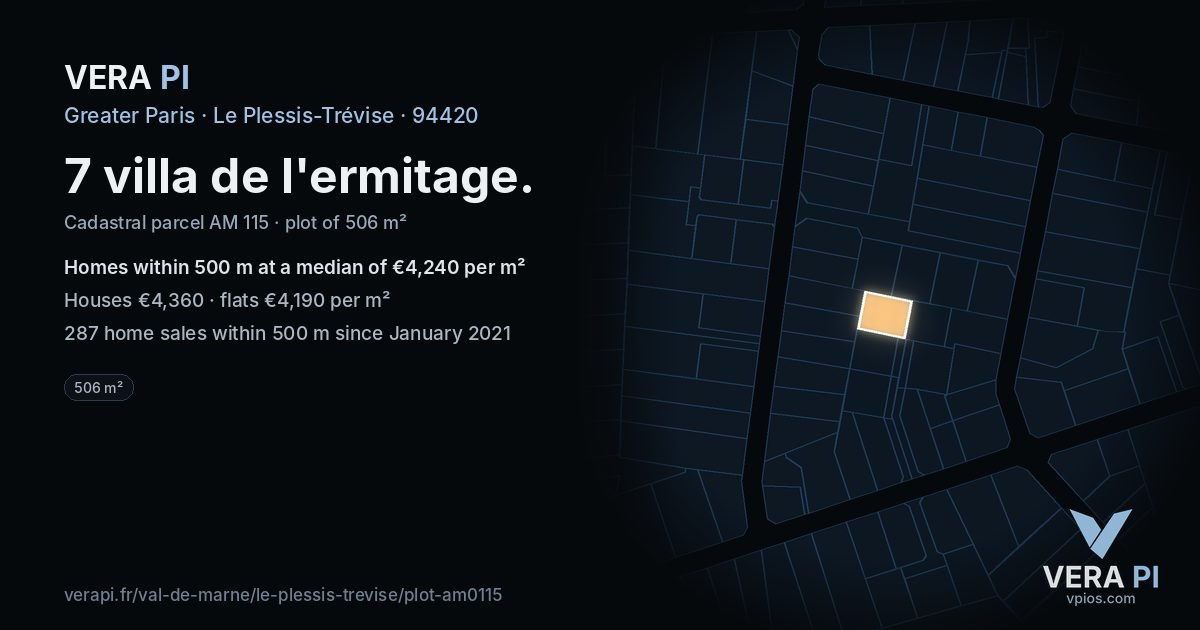 7 villa de l'ermitage, Le Plessis-Trévise at night – the plot lit, the parcels around coloured by the prices near them