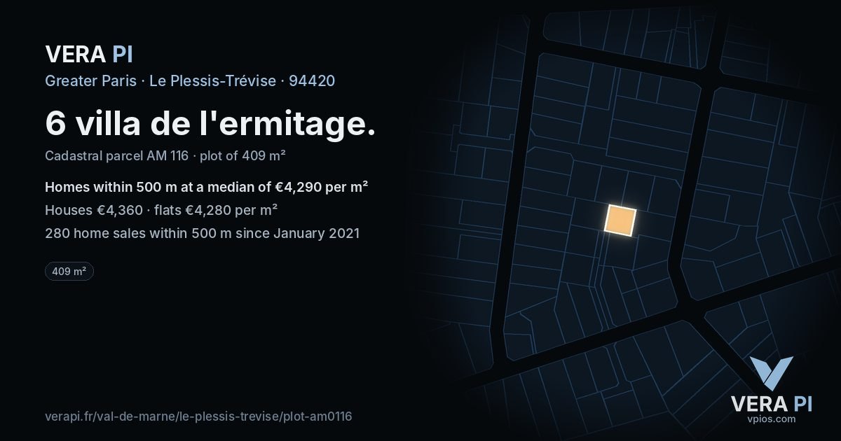 6 villa de l'ermitage, Le Plessis-Trévise at night – the plot lit, the parcels around coloured by the prices near them