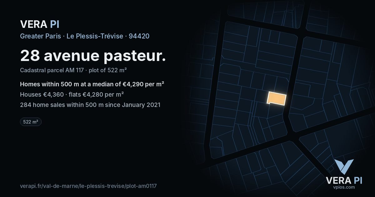 28 avenue pasteur, Le Plessis-Trévise at night – the plot lit, the parcels around coloured by the prices near them