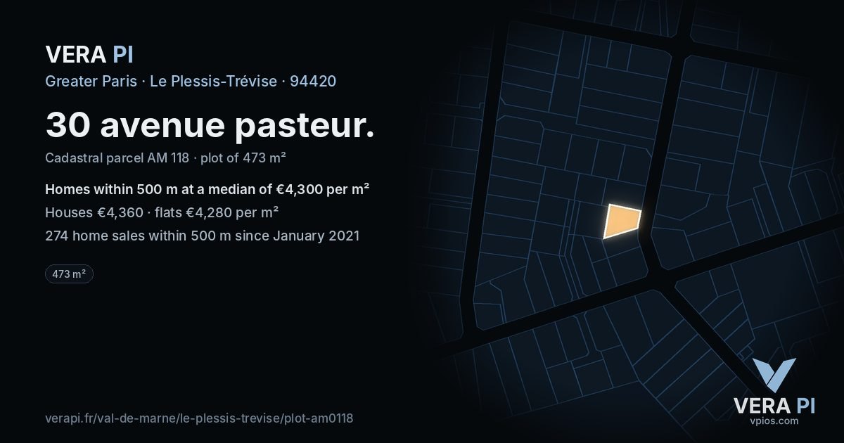 30 avenue pasteur, Le Plessis-Trévise at night – the plot lit, the parcels around coloured by the prices near them