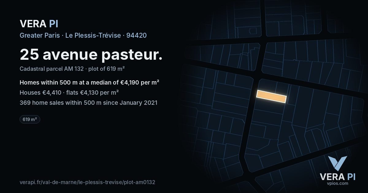 25 avenue pasteur, Le Plessis-Trévise at night – the plot lit, the parcels around coloured by the prices near them