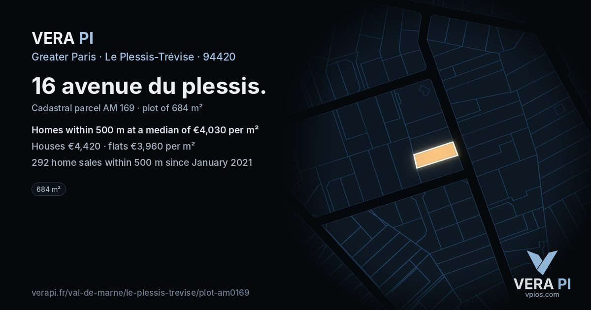 16 avenue du plessis, Le Plessis-Trévise at night – the plot lit, the parcels around coloured by the prices near them