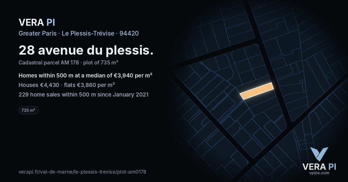 28 avenue du plessis, Le Plessis-Trévise at night – the plot lit, the parcels around coloured by the prices near them