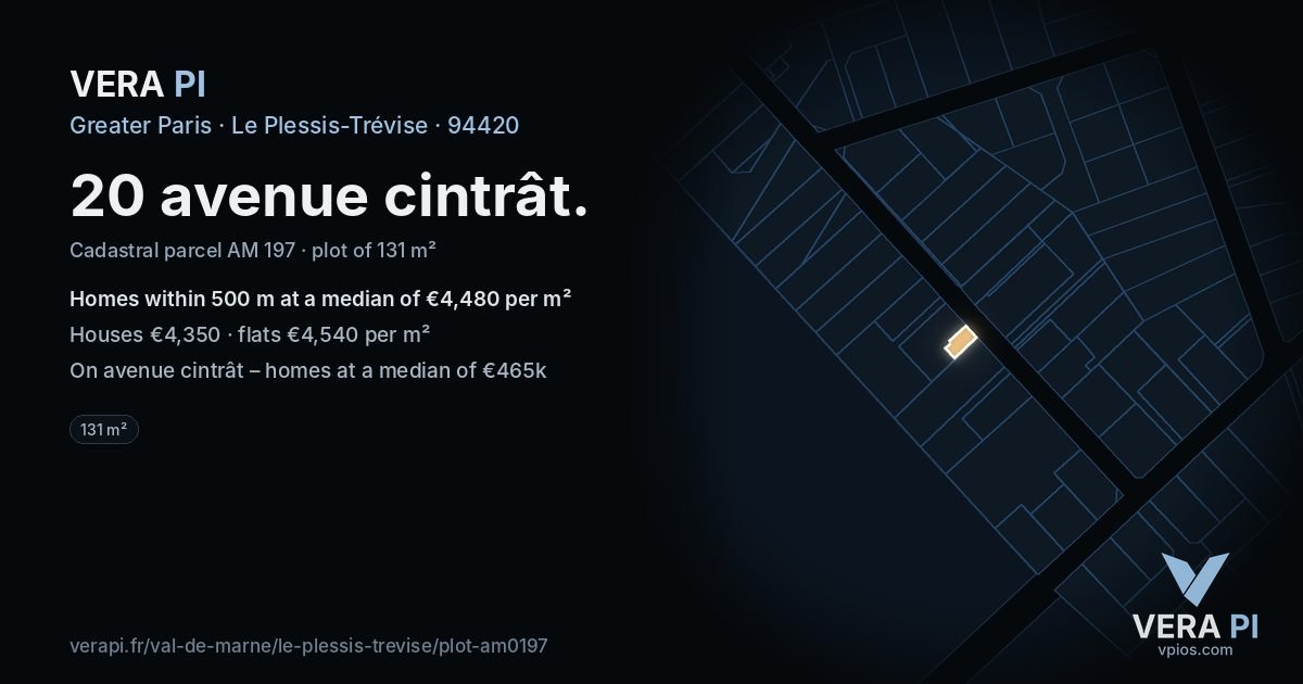 20 avenue cintrât, Le Plessis-Trévise at night – the plot lit, the parcels around coloured by the prices near them