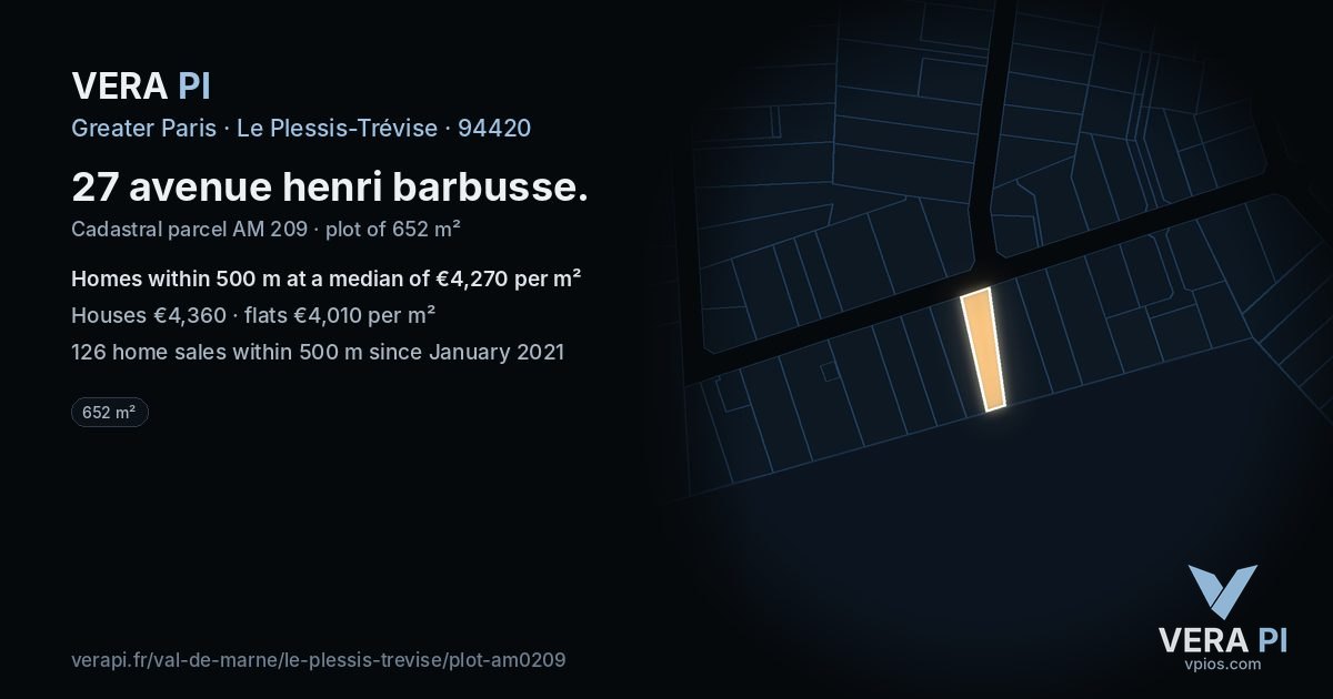 27 avenue henri barbusse, Le Plessis-Trévise at night – the plot lit, the parcels around coloured by the prices near them