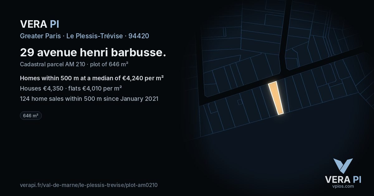 29 avenue henri barbusse, Le Plessis-Trévise at night – the plot lit, the parcels around coloured by the prices near them