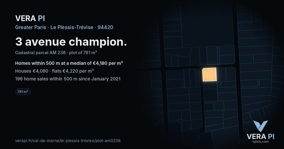 3 avenue champion, Le Plessis-Trévise at night – the plot lit, the parcels around coloured by the prices near them
