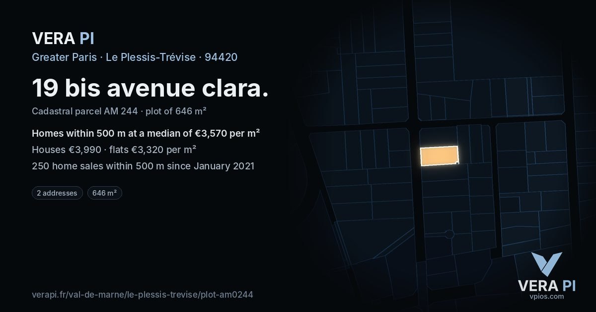 19 bis avenue clara, Le Plessis-Trévise at night – the plot lit, the parcels around coloured by the prices near them