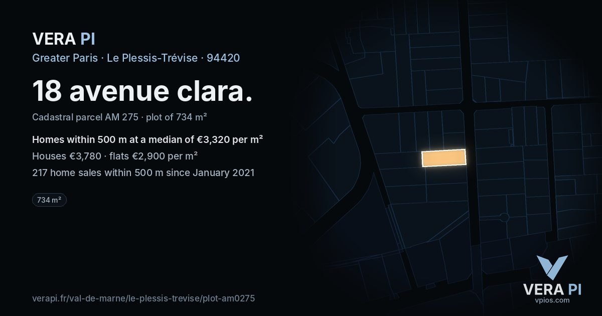 18 avenue clara, Le Plessis-Trévise at night – the plot lit, the parcels around coloured by the prices near them