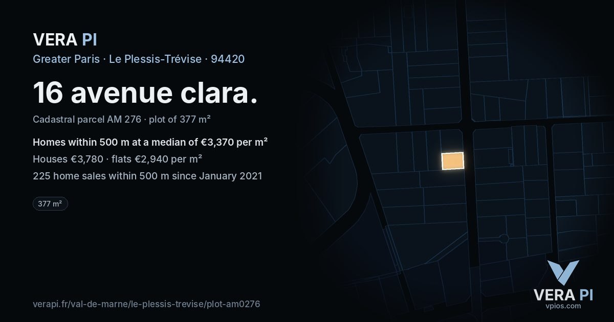 16 avenue clara, Le Plessis-Trévise at night – the plot lit, the parcels around coloured by the prices near them