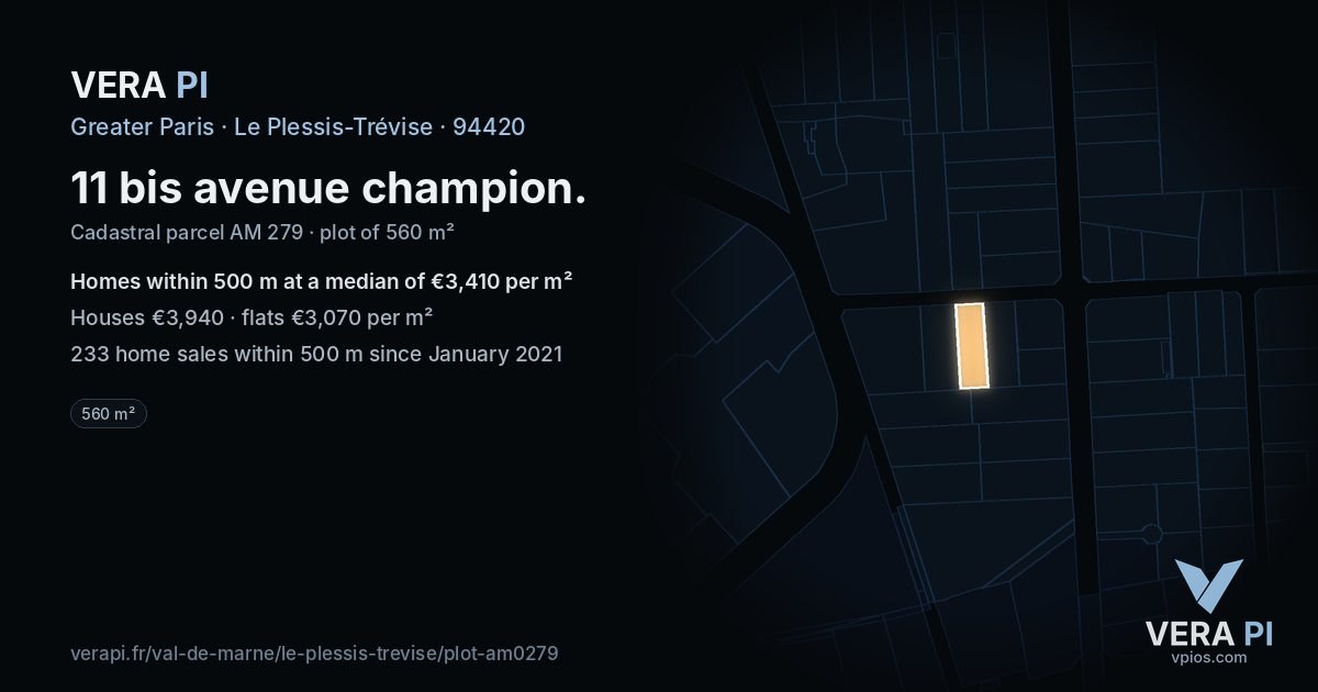 11 bis avenue champion, Le Plessis-Trévise at night – the plot lit, the parcels around coloured by the prices near them