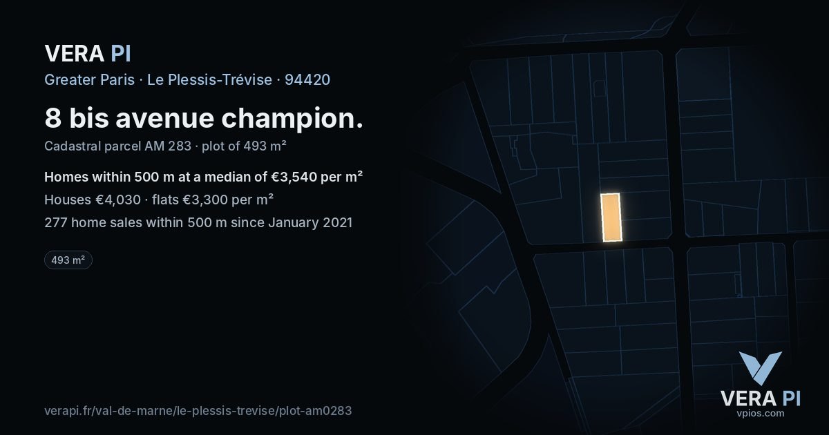 8 bis avenue champion, Le Plessis-Trévise at night – the plot lit, the parcels around coloured by the prices near them