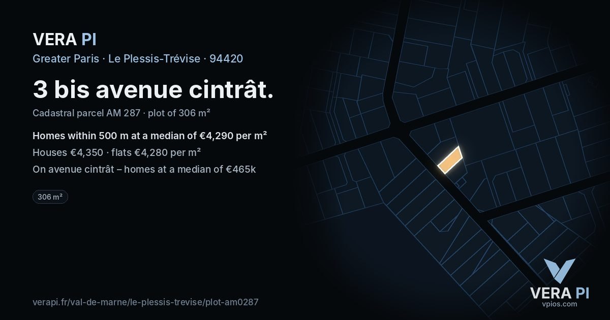 3 bis avenue cintrât, Le Plessis-Trévise at night – the plot lit, the parcels around coloured by the prices near them