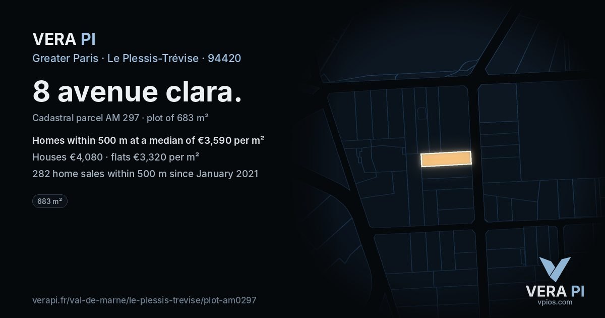 8 avenue clara, Le Plessis-Trévise at night – the plot lit, the parcels around coloured by the prices near them