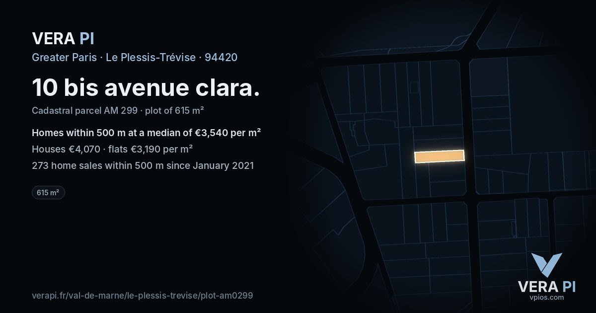 10 bis avenue clara, Le Plessis-Trévise at night – the plot lit, the parcels around coloured by the prices near them