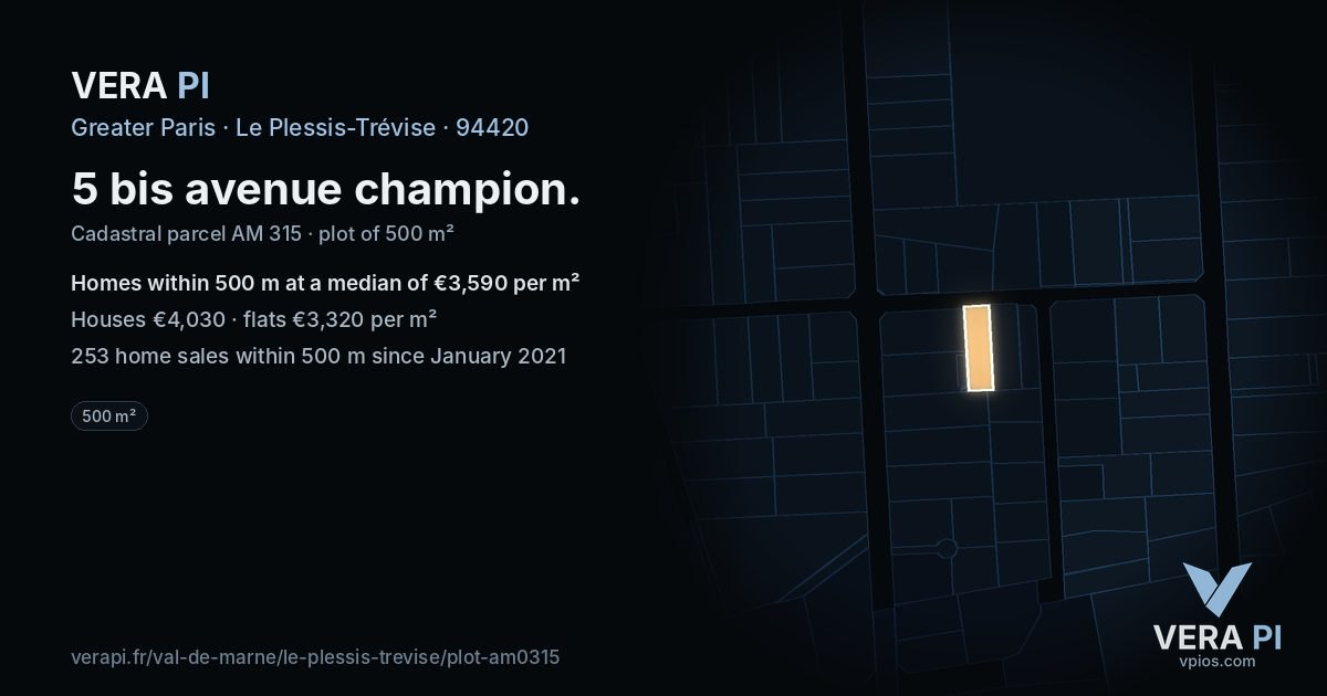 5 bis avenue champion, Le Plessis-Trévise at night – the plot lit, the parcels around coloured by the prices near them